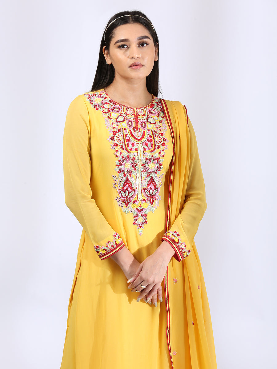 Yellow Kurta with Embroidered Yoke teamed with Palazzo Pants and Dupatta
