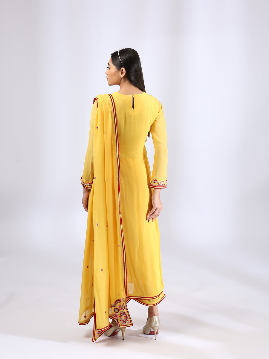 Yellow Kurta with Embroidered Yoke teamed with Palazzo Pants and Dupatta
