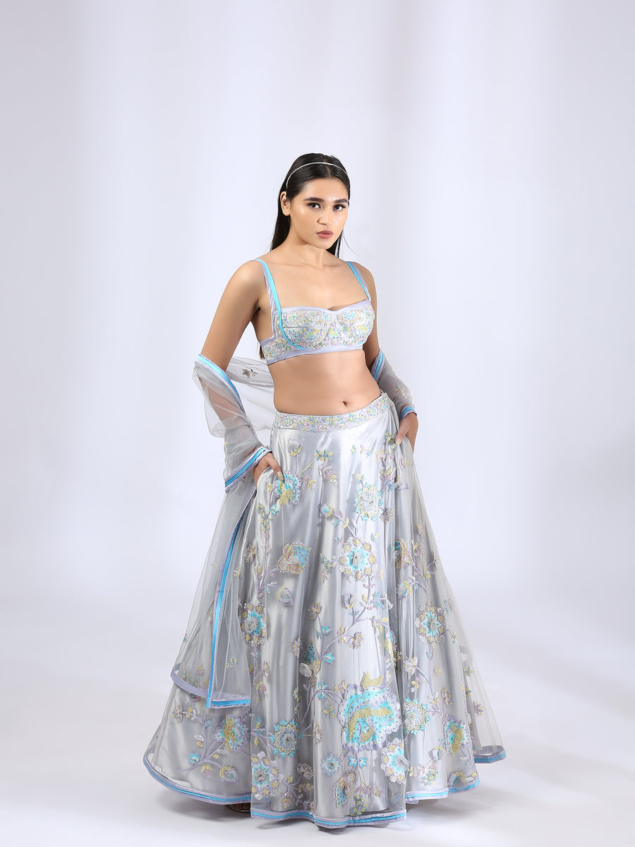 Grey fairytale lehenga with bralette blouse and dupatta for Mother & Daughter Set