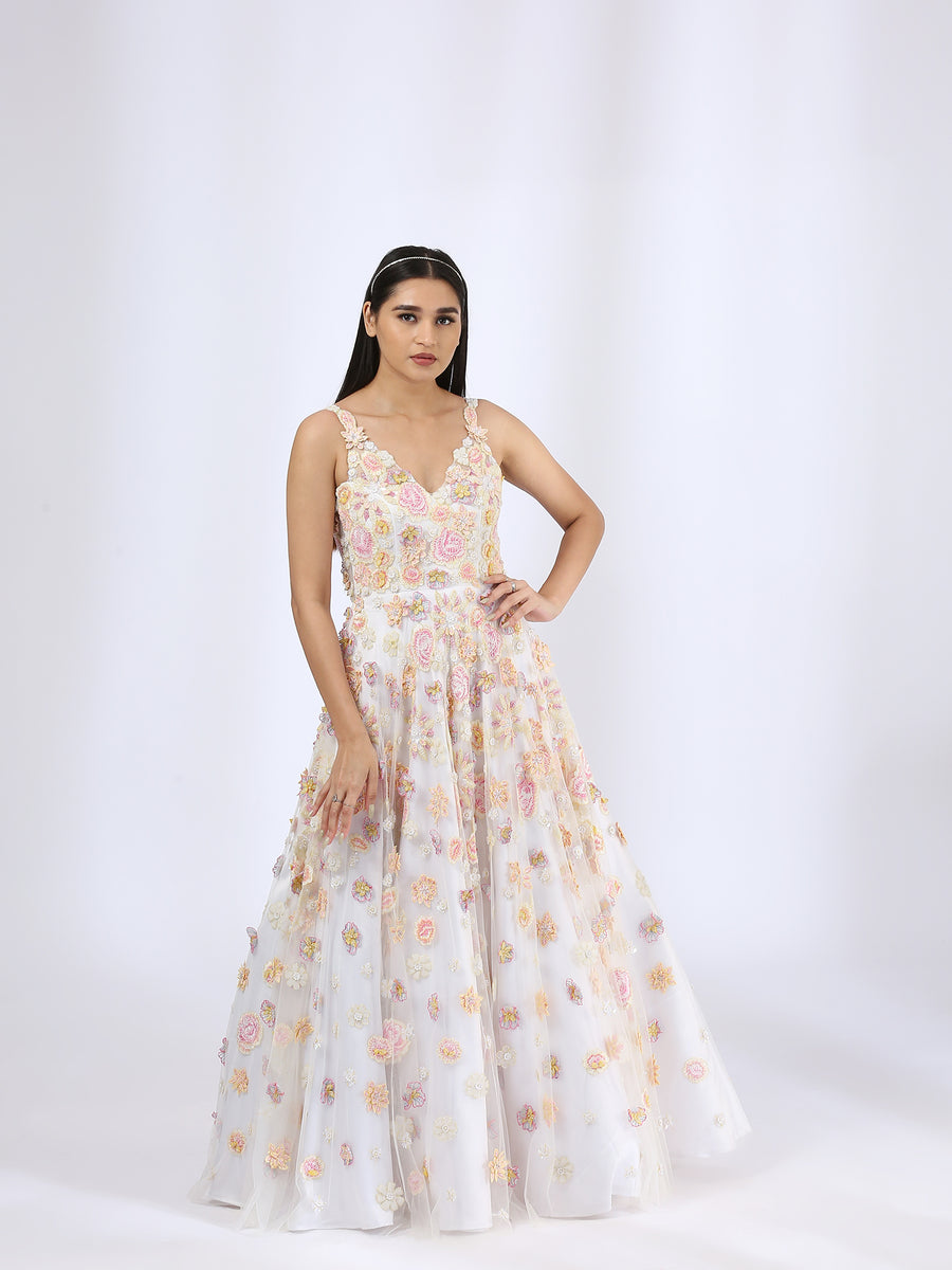 Ivory 3-D Embroidered Gown