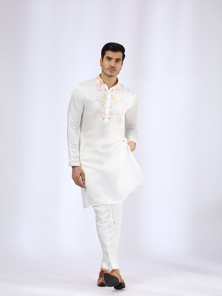 Embroidered Ivory Kurta teamed with matching Narrow Pants