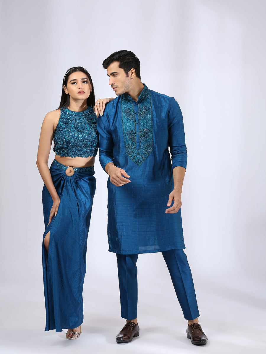 Peacock Blue Halter top teamed with a draped skirt & Peacock Blue kurta teamed with narrow pants