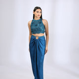 Peacock Blue Halter top teamed with a draped skirt & Peacock Blue embroidered lehnga choli and dupatta Set