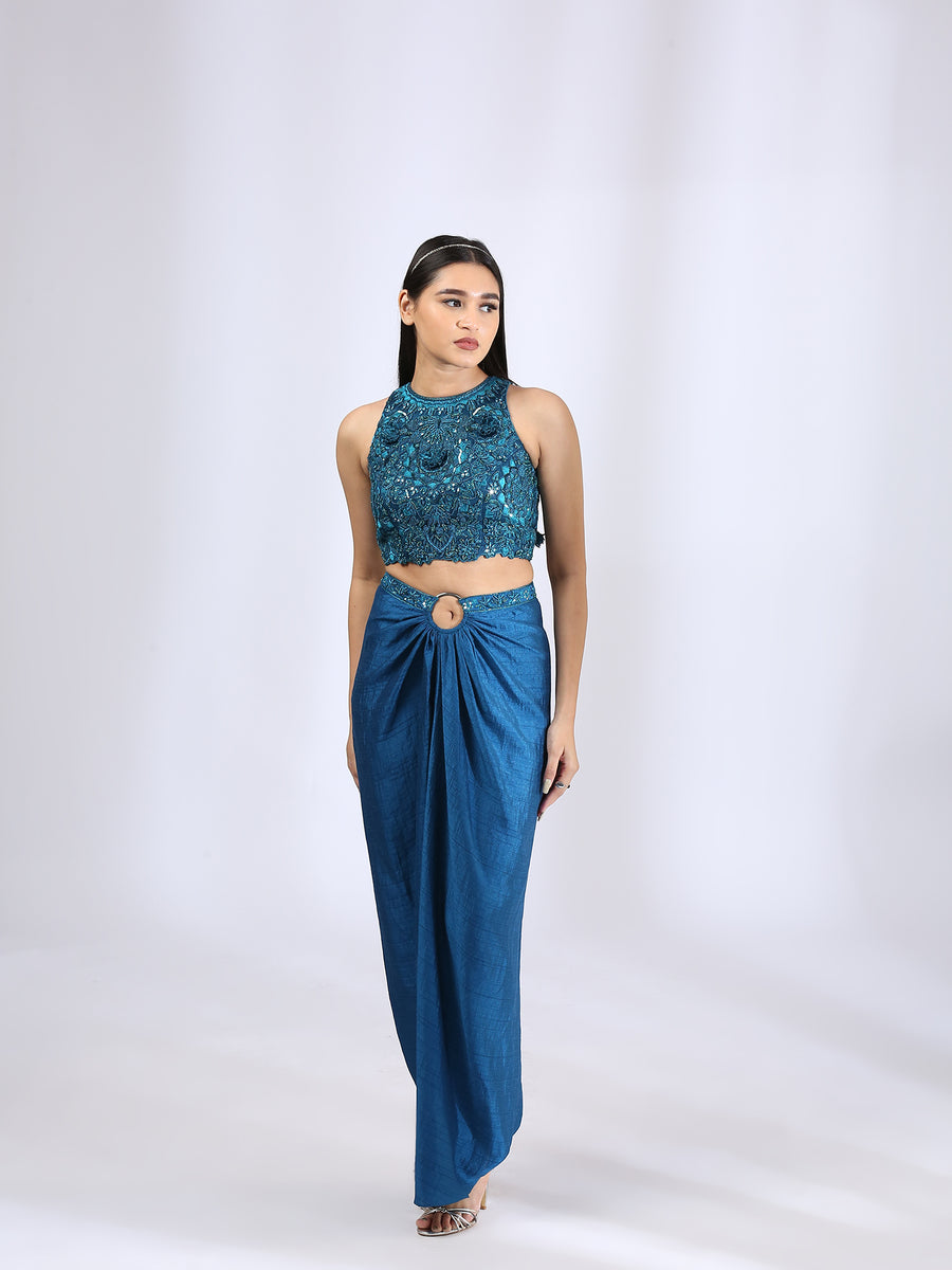 Peacock Blue Halter Top Teamed with a Draped Skirt