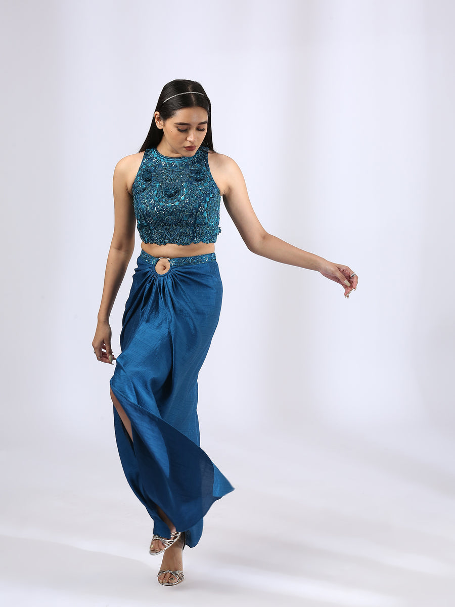 Peacock Blue Halter Top Teamed with a Draped Skirt