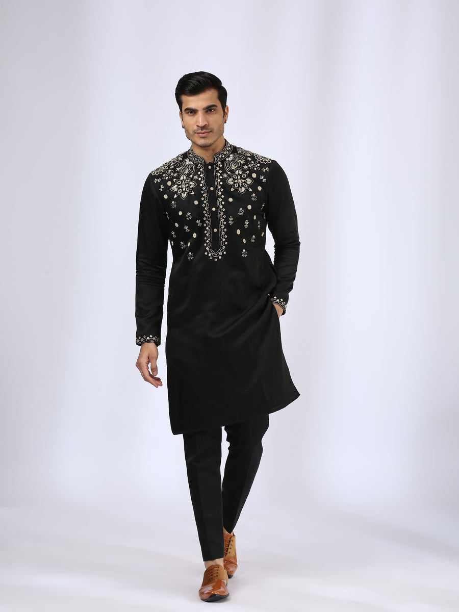 Black Embroidered Kurta teamed with matching narrow pants - Father-Son Set