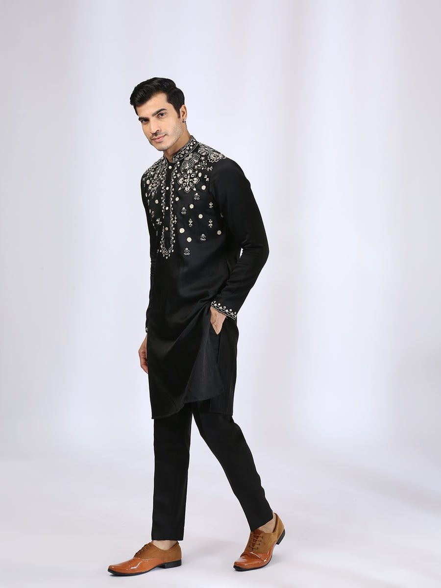 Black Embroidered Kurta teamed with Matching Narrow Pants
