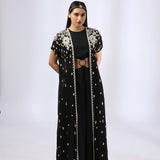 Jet black jumsuit with an embroidered open jacket paired with Black Embroidered Kurta teamed with matching narrow pants