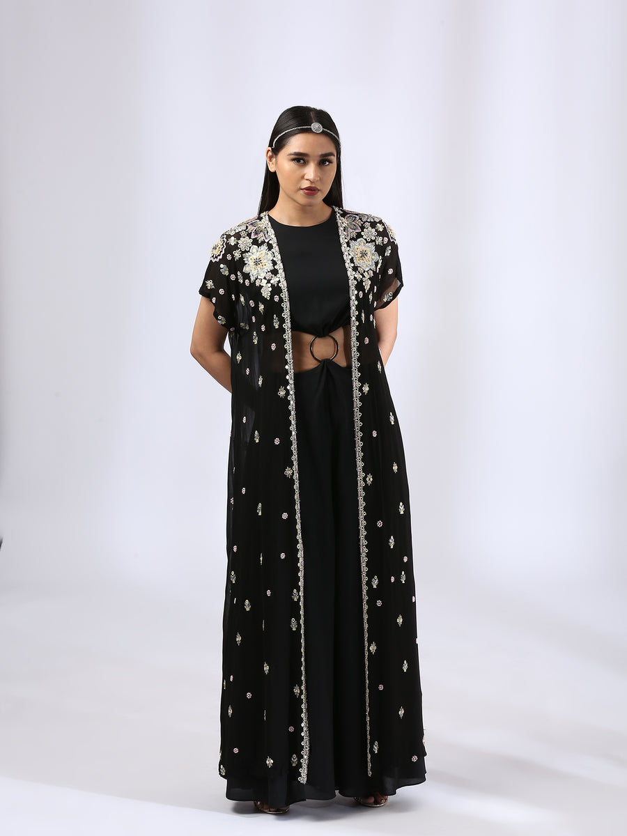 Jet black jumsuit with an embroidered open jacket paired with Black Embroidered Kurta teamed with matching narrow pants