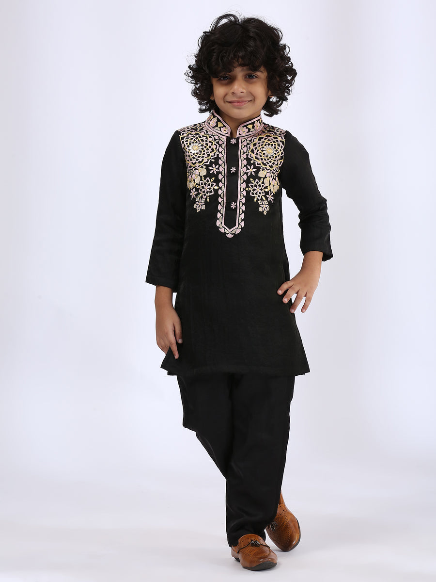 Black Embroidered Kurta teamed with matching narrow pants - Father-Son Set