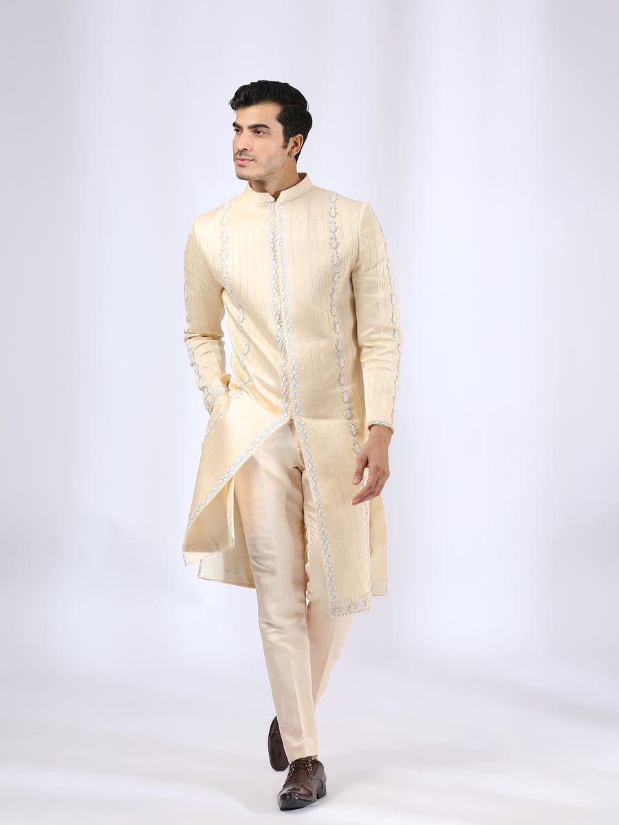 Beige Embroidered Sherwani with Matching Narrow Pants