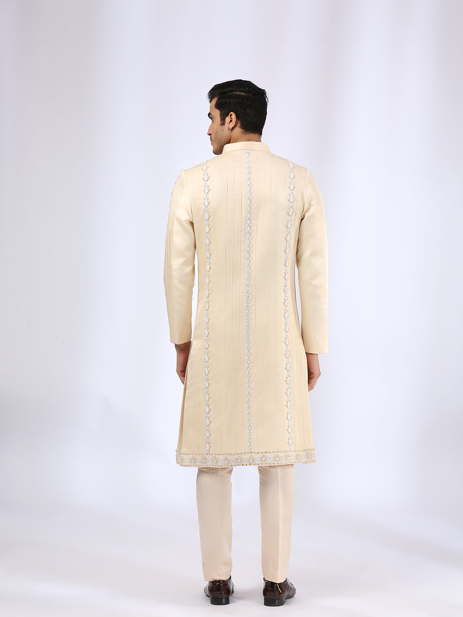 SG Cream Gold Sherwani Set - 40 / Short | Sherwani, Raw silk, Embroidered  silk