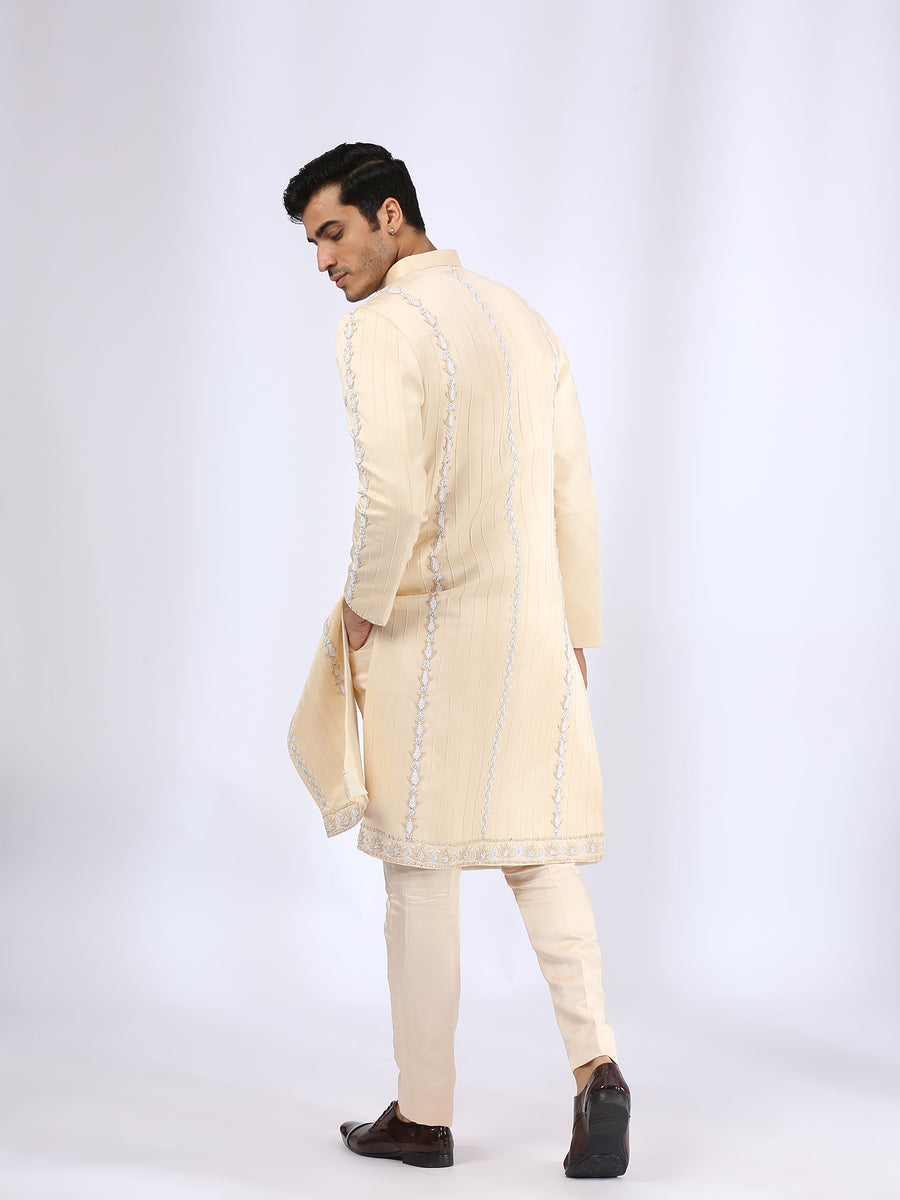 Beige Embroidered Sherwani with Matching Narrow Pants