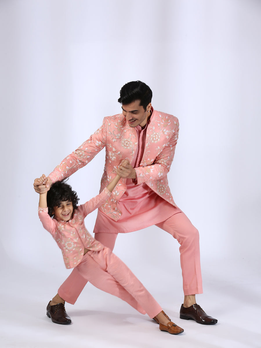 Peach Embroidered Jacket teamed with matching kurta and narrow pants - Father-Son Set