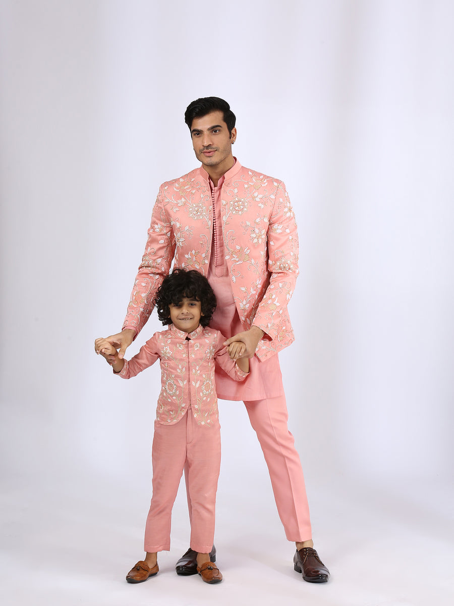 Peach Embroidered Jacket teamed with matching kurta and narrow pants - Father-Son Set
