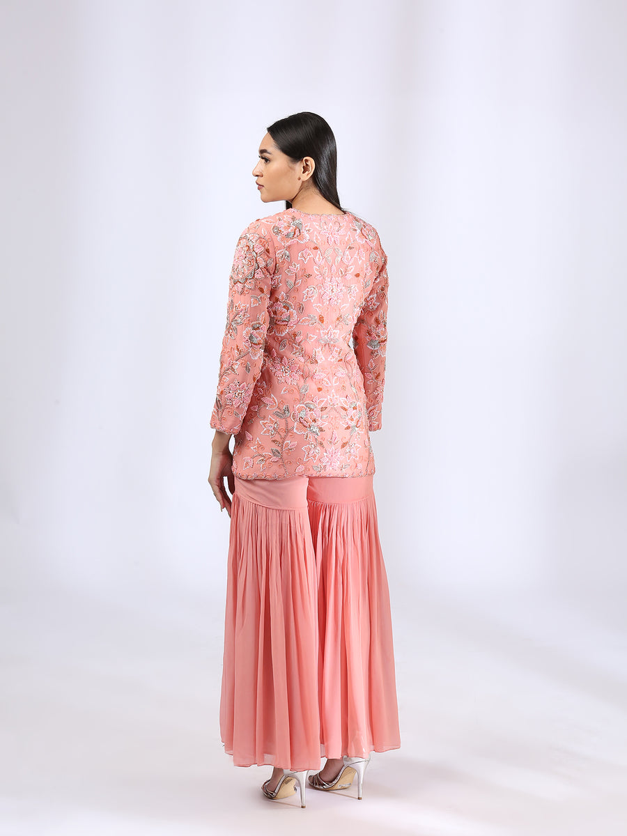 Tailored Peach Jacket with Embroidery teamed with Gharara Pants