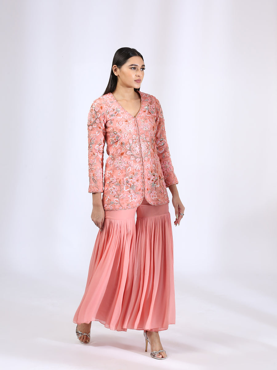 Tailored Peach Jacket with Embroidery teamed with Gharara Pants