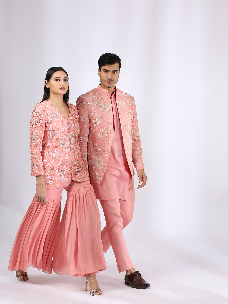 Tailored peach jacket with embroidery teamed with gharara pants & Peach Embroidered Jacket teamed with matching kurta and narrow pants - Couple Set