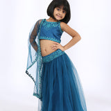 Peacock Blue Halter top teamed with a draped skirt & Peacock Blue embroidered lehnga choli and dupatta Set