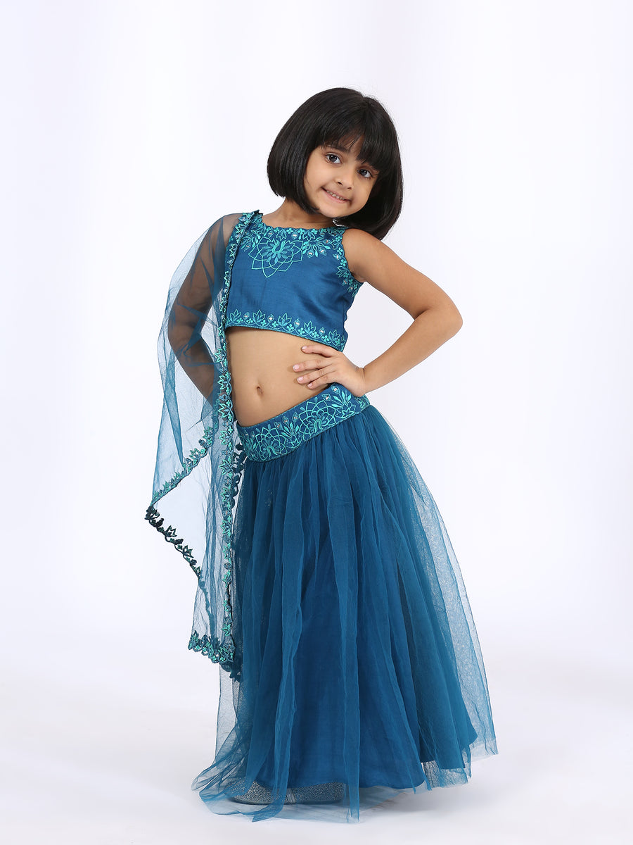 Peacock Blue Halter top teamed with a draped skirt & Peacock Blue embroidered lehnga choli and dupatta Set