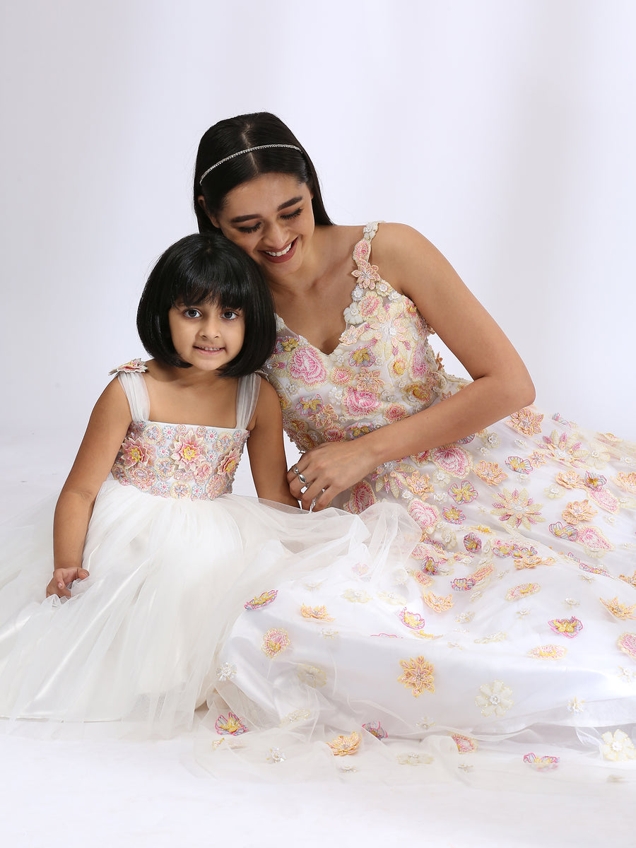 Ivory 3-D embroidered gown Mother - Daughter Set
