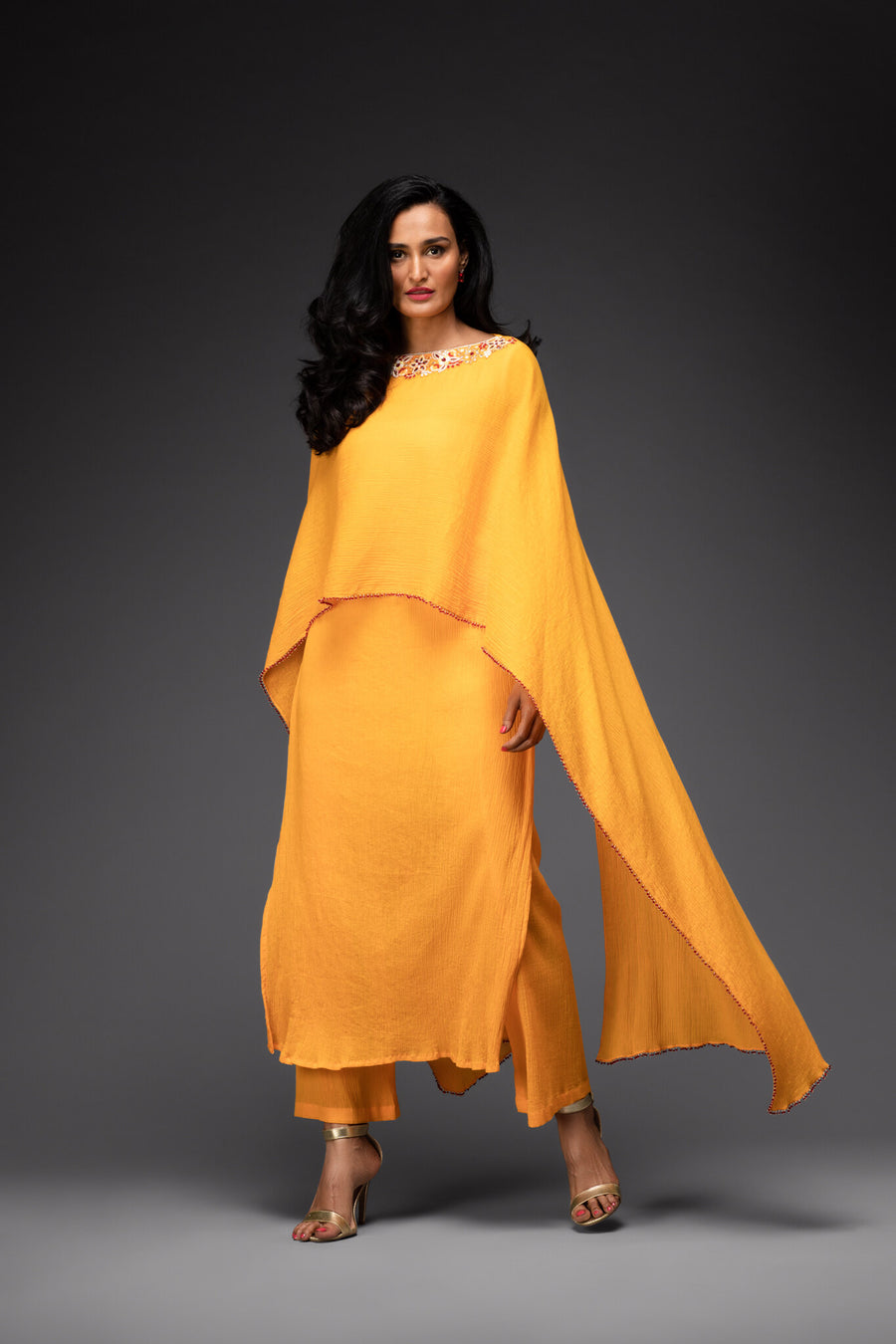 Amber yellow crinckled draped embroidered kurta with matching pants