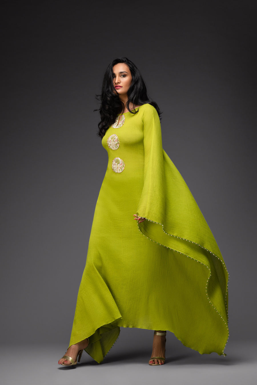 Light Chartreuse embroidererd kaftan with matching pants