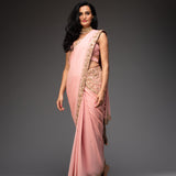 Nude Pink Embroidered Saree With Matching Cross Over Blouse