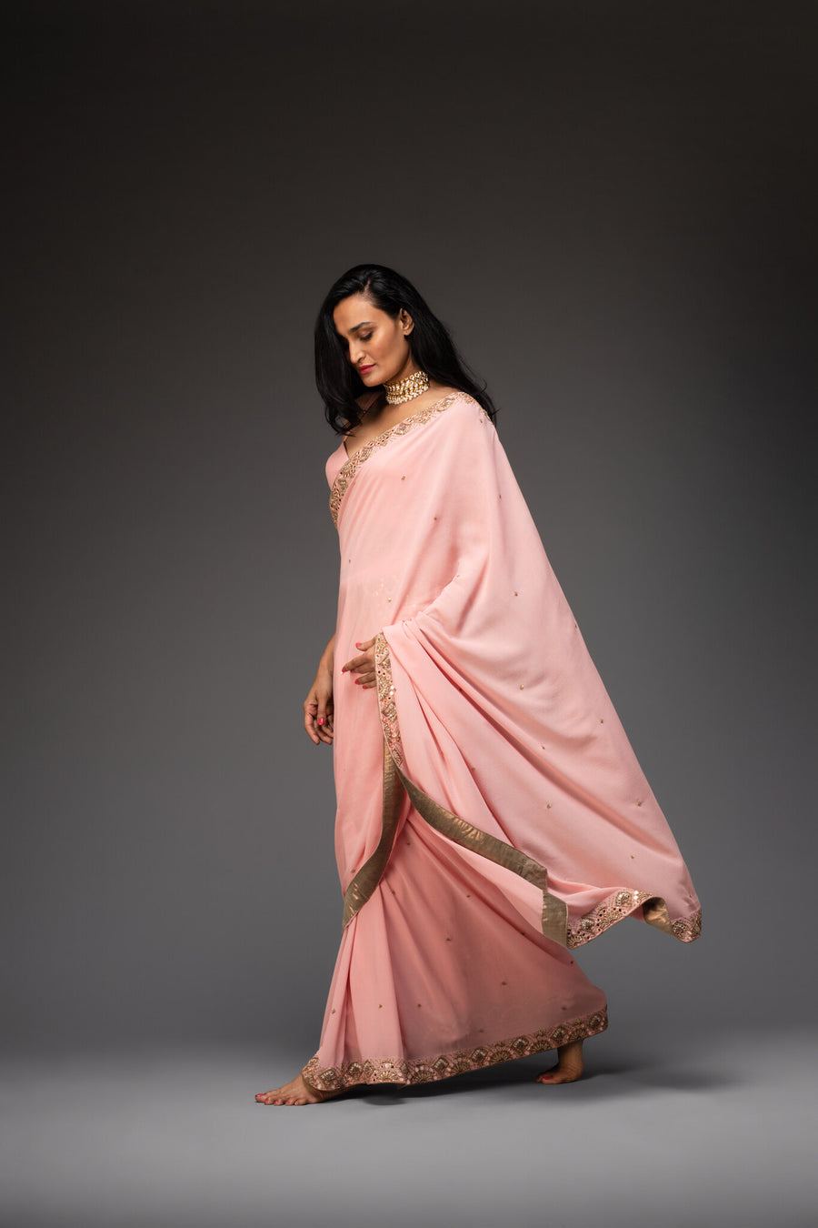 Nude Pink Embroidered Saree With Matching Cross Over Blouse