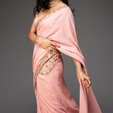 Nude Pink Embroidered Saree With Matching Cross Over Blouse