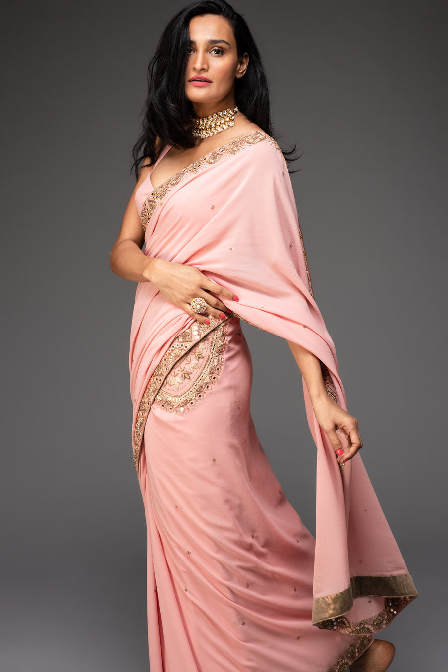 Nude Pink Embroidered Saree With Matching Cross Over Blouse