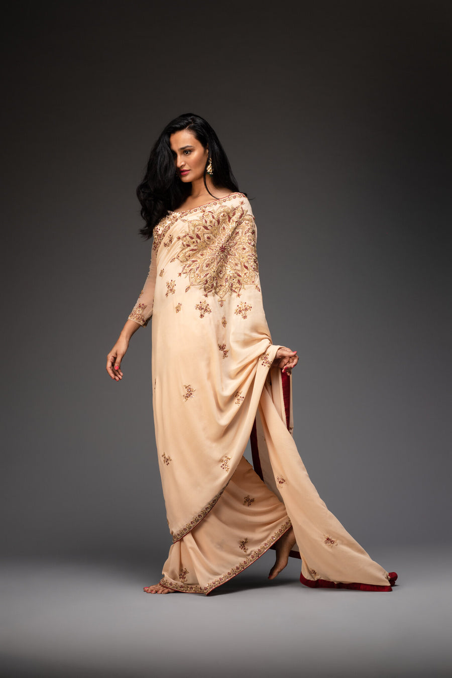 Nude Embroidered Saree With Matching Blouse
