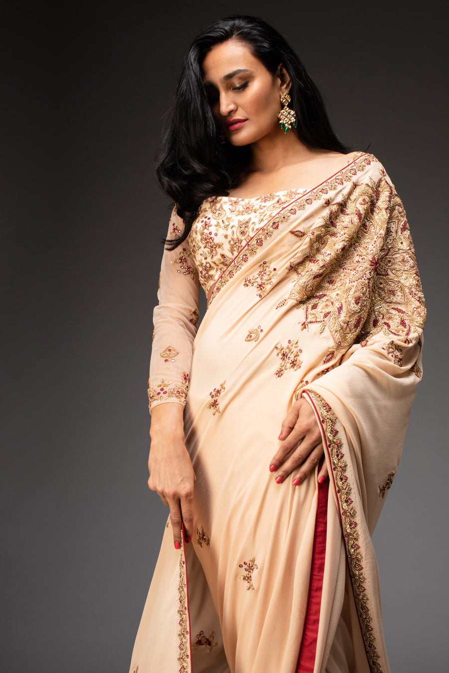 Nude Embroidered Saree With Matching Blouse