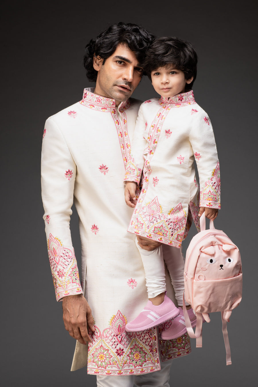 Ivory Embroidered Sherwani With Chudidar - Father & Son