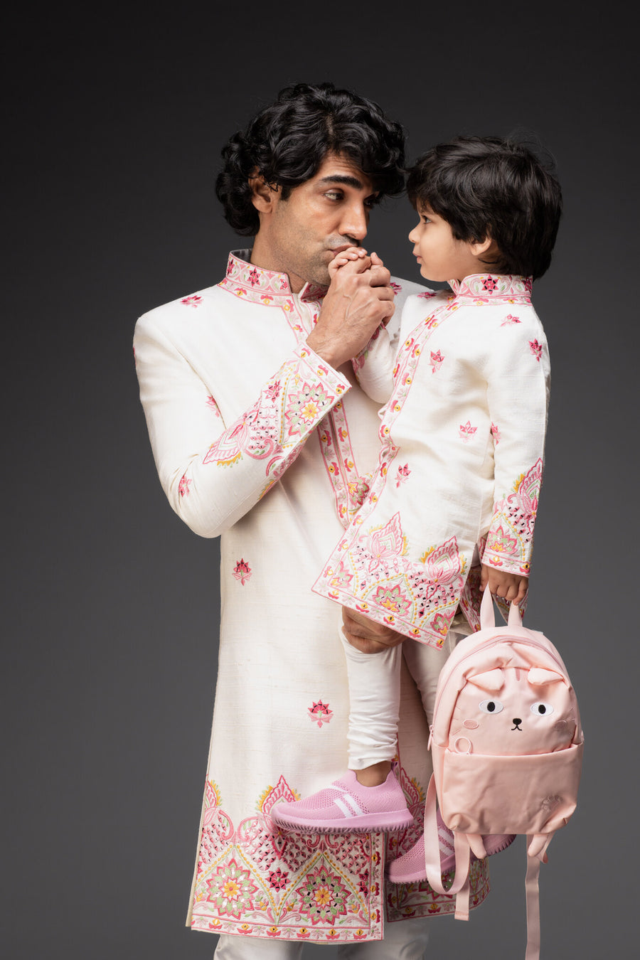 Ivory Embroidered Sherwani With Chudidar - Father & Son