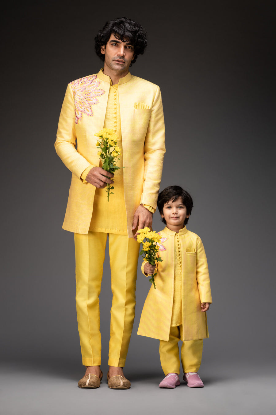 Lemon Yellow Jacket With Kurta and Pants - Father & Son set