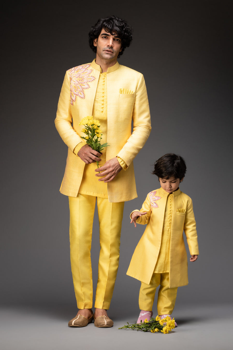 Lemon Yellow Jacket With Kurta and Pants - Father & Son set