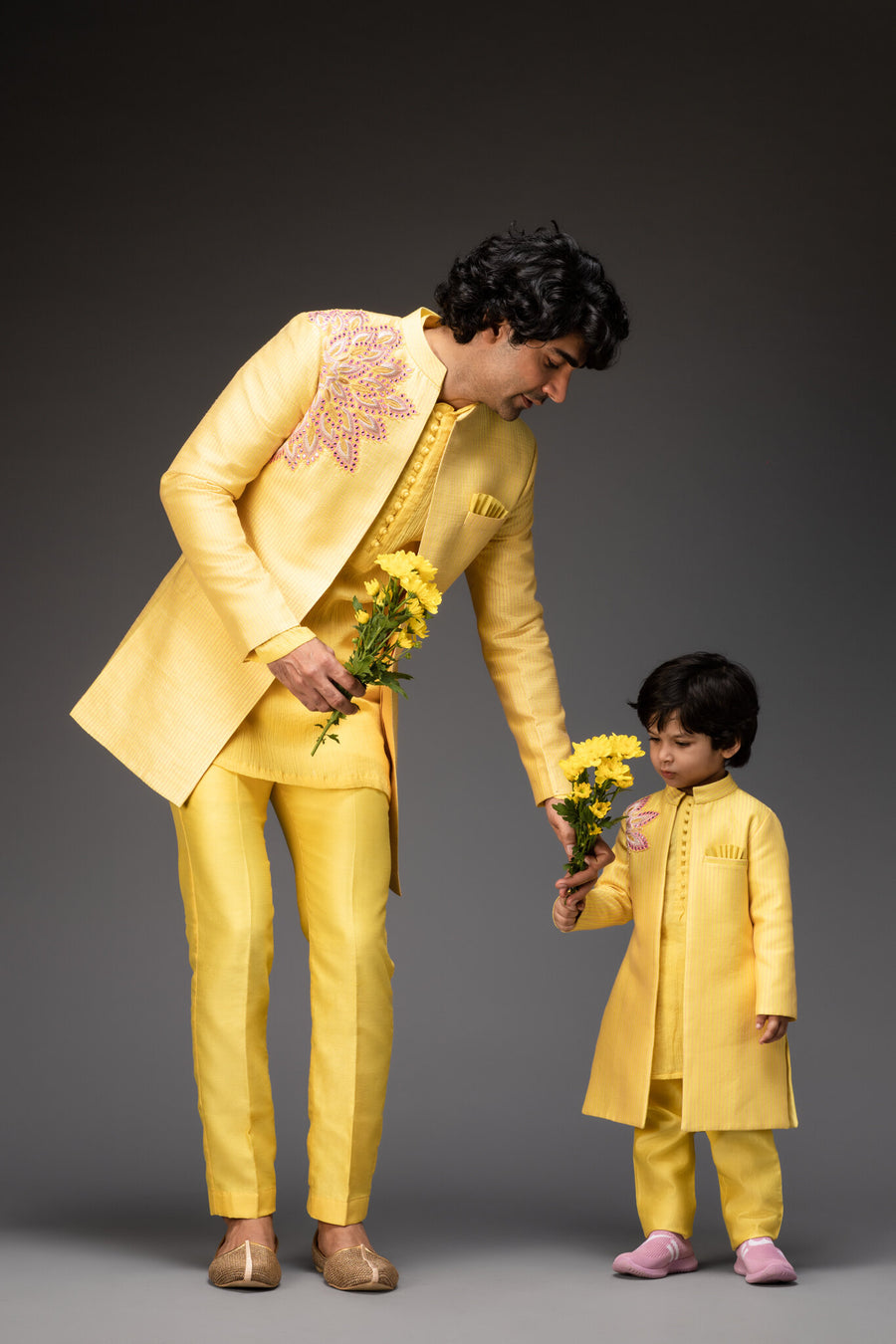 Lemon Yellow Jacket With Kurta and Pants - Father & Son set