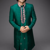 Emerald Green Embroidered Kurta With An Open Jacket And Narrow Pants