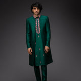 Emerald Green Embroidered Kurta With An Open Jacket And Narrow Pants