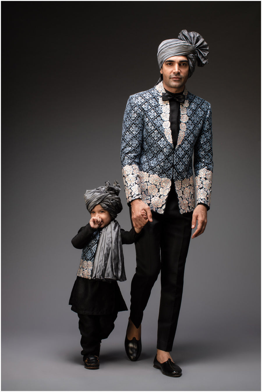 Charcoal Black Embroidred Jacket With Pants - Father & Son