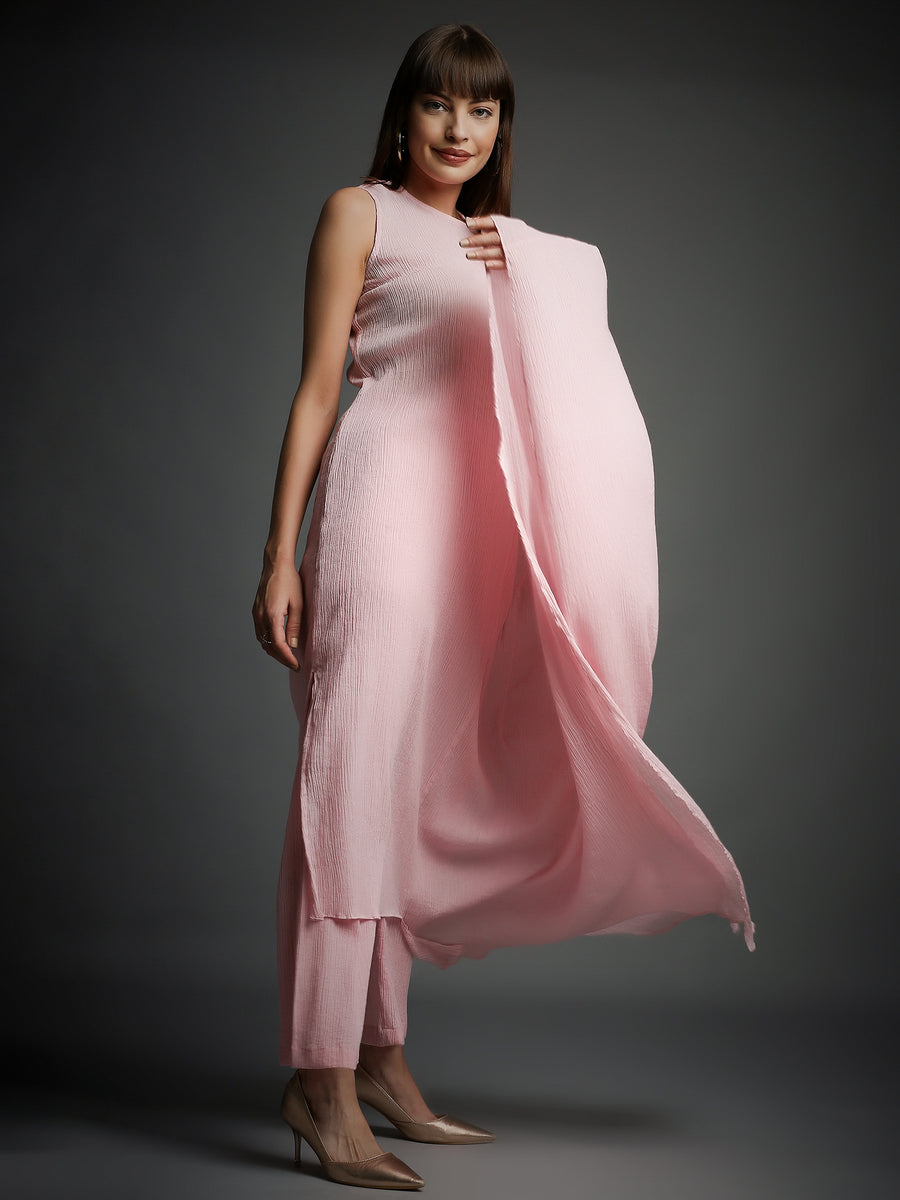 Baby Pink Crinkled Cotton Kaftan Tunic With Matching Pants
