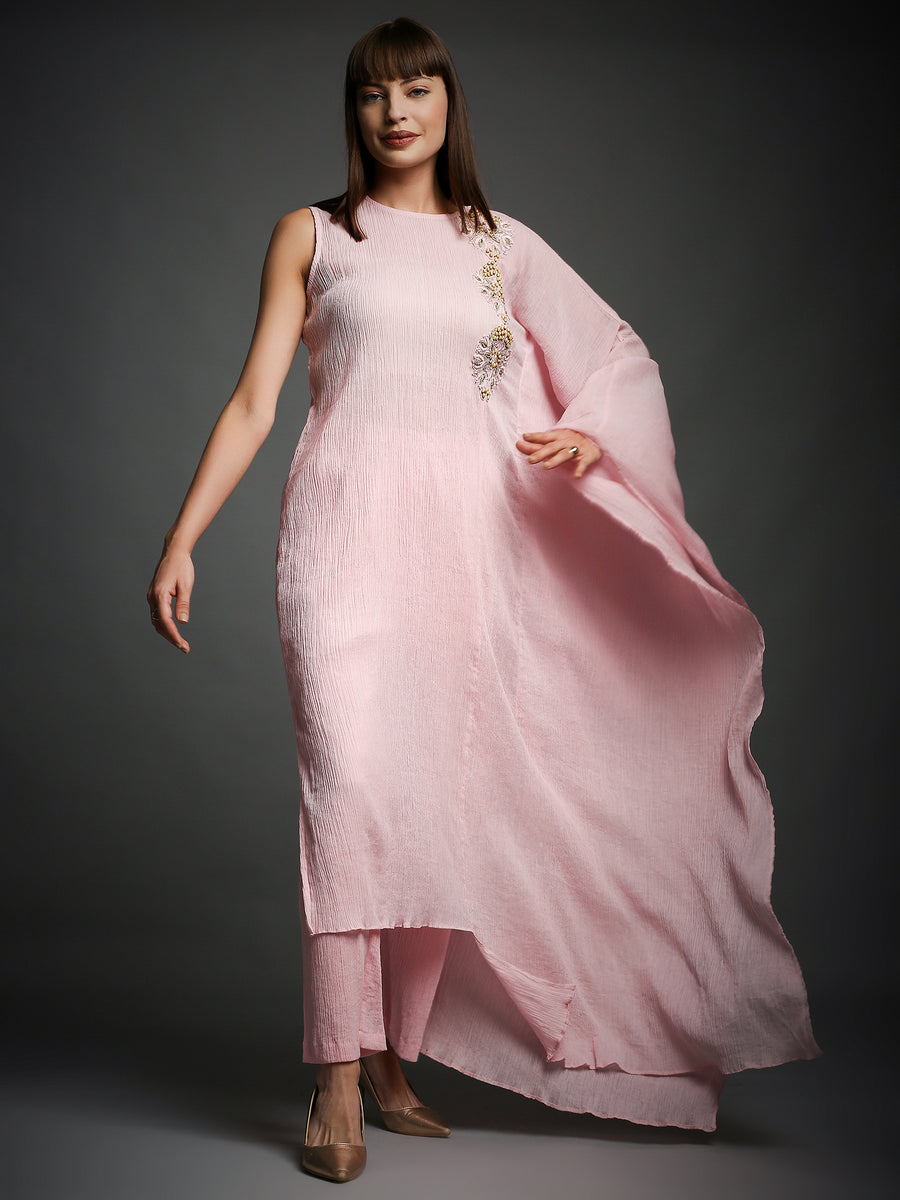 Baby Pink Crinkled Cotton Kaftan Tunic With Matching Pants