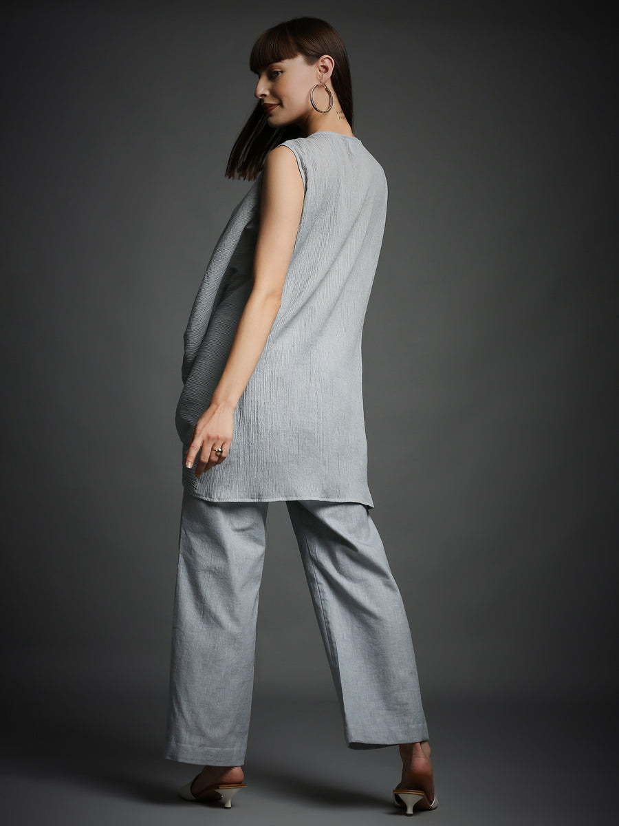 Grey Crinkled Cotton Draped Tunic With Matching Pants