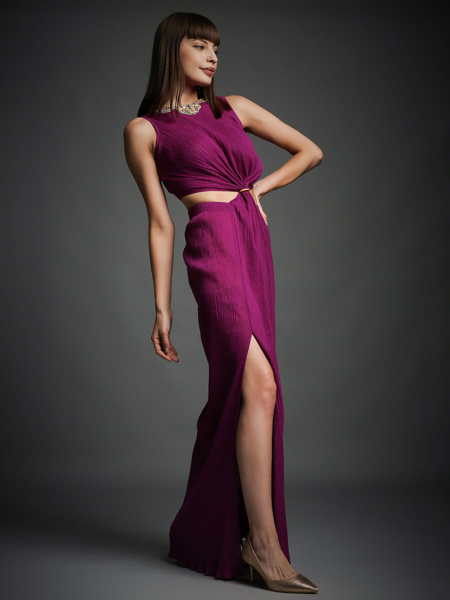 Violet Crinkled Dress With Embroidered Neckline