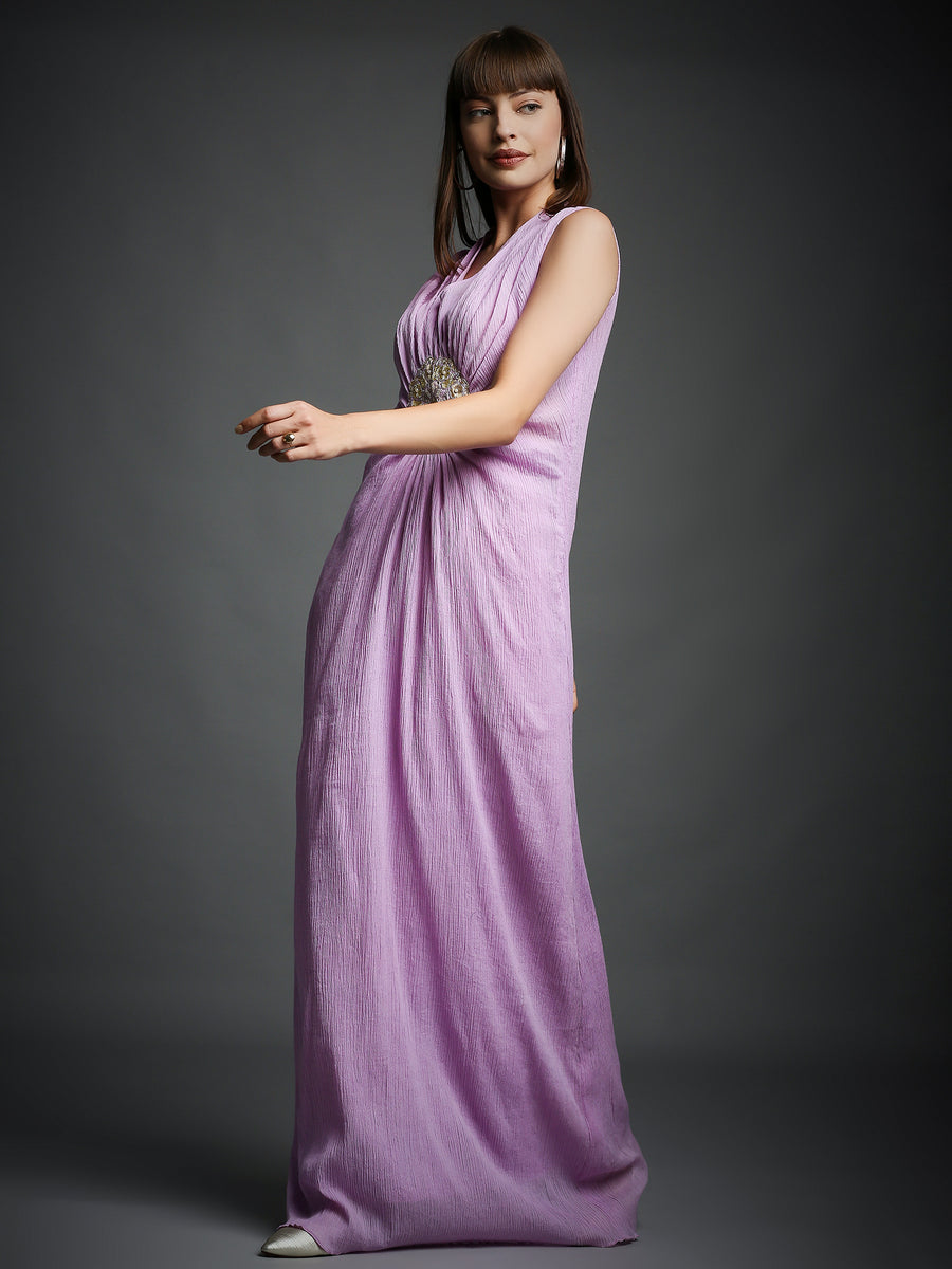 Lavender Crickled Cotton Draped Dress With Matching Pants