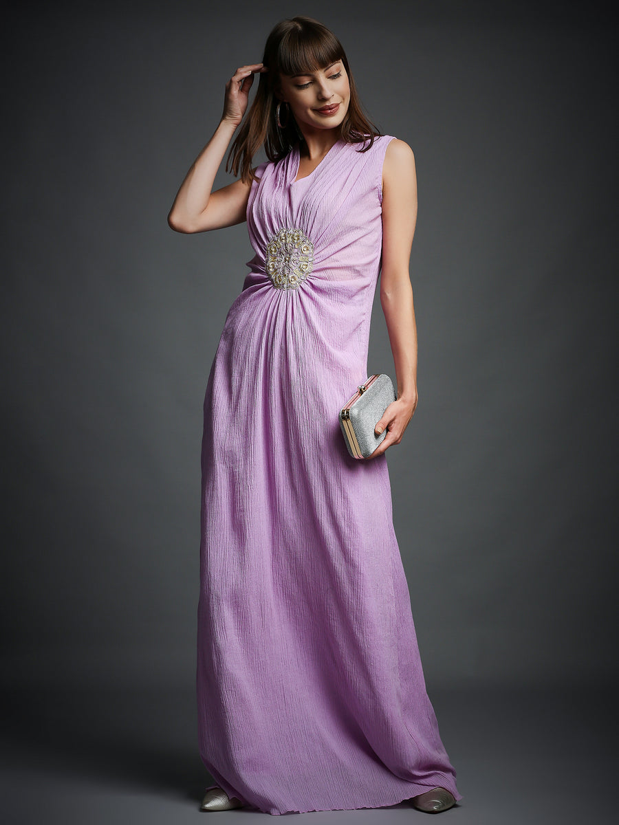 Lavender Crickled Cotton Draped Dress With Matching Pants
