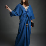 Blue Kaftan With Embroidered Neckline